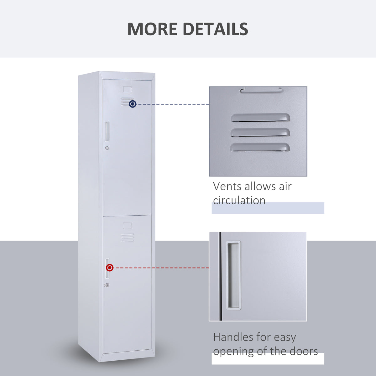 Grey metal locker cabinet showing vents and door handles, close-up details