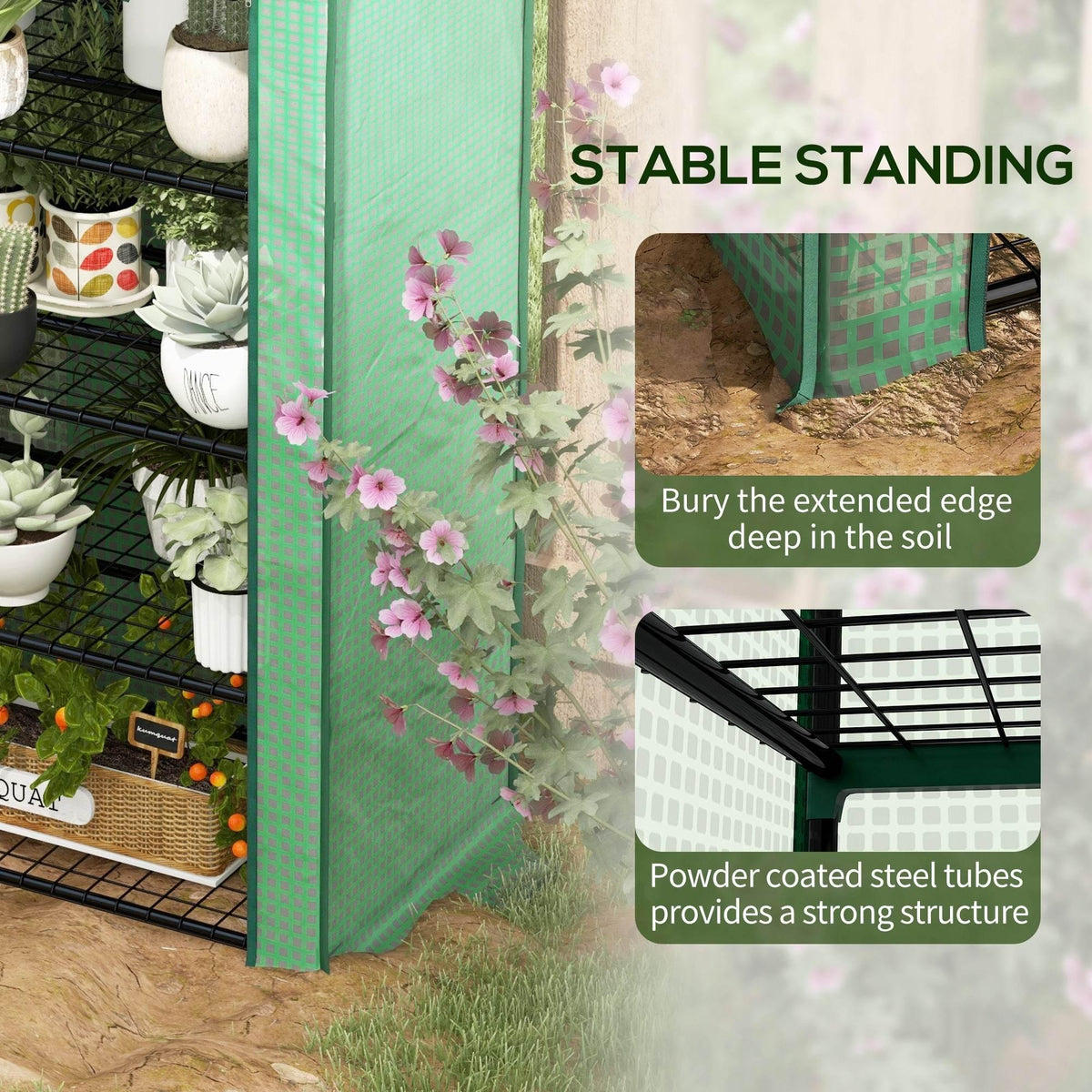 Green greenhouse frame with extended edge for soil burial and powder-coated steel tubes