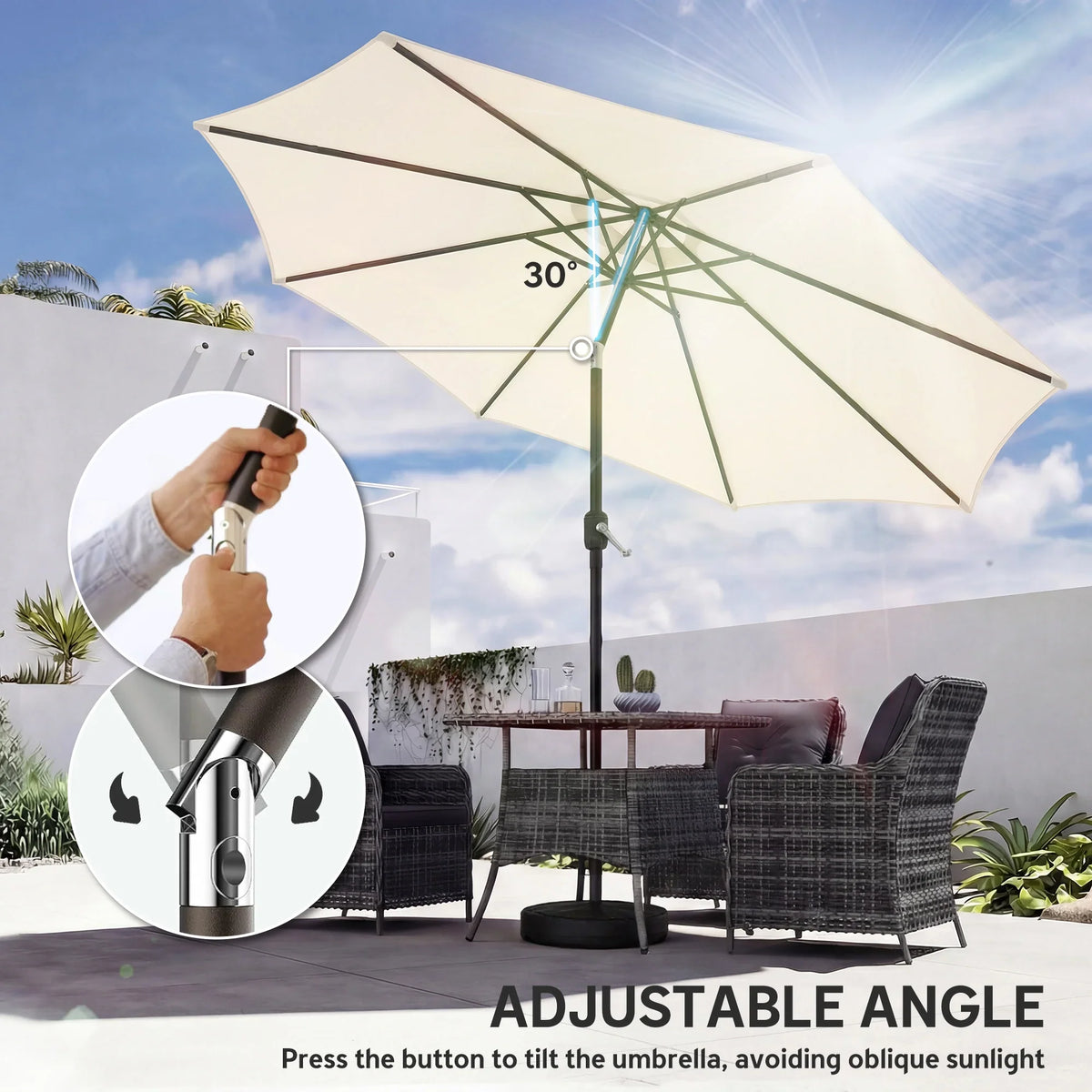 Cream garden parasol with adjustable angle tilt for flexible shade