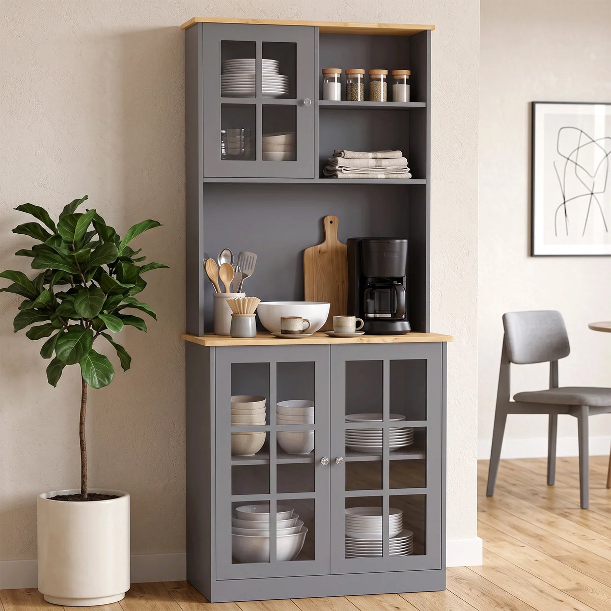 Grey kitchen buffet hutch with open shelves, countertop, and glass-door cabinets