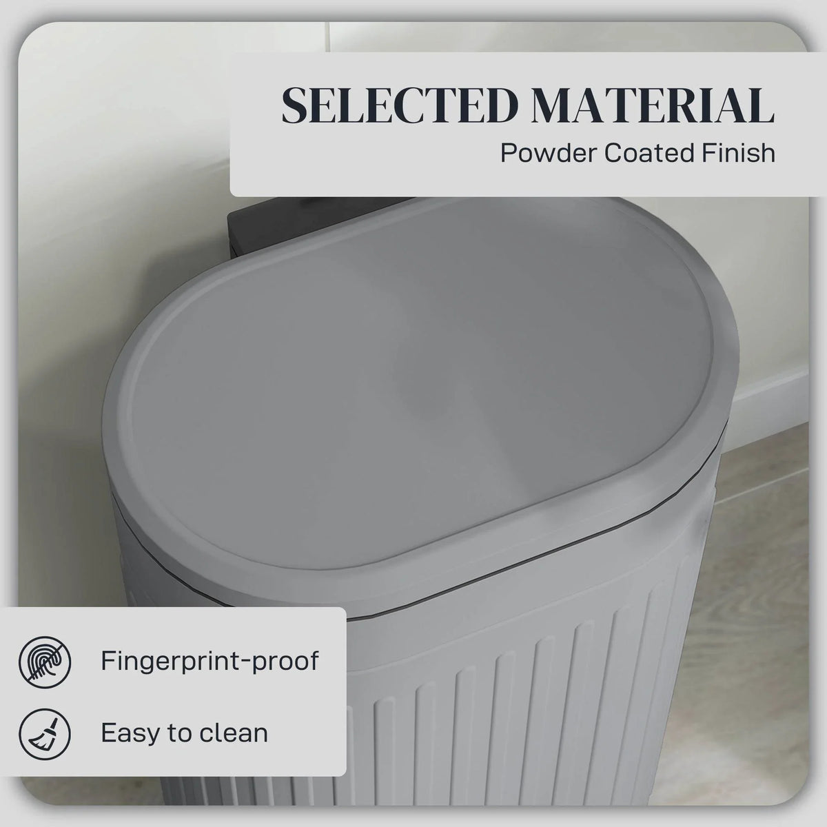 Grey fingerprint-proof lid and ribbed body of a pedal trash can