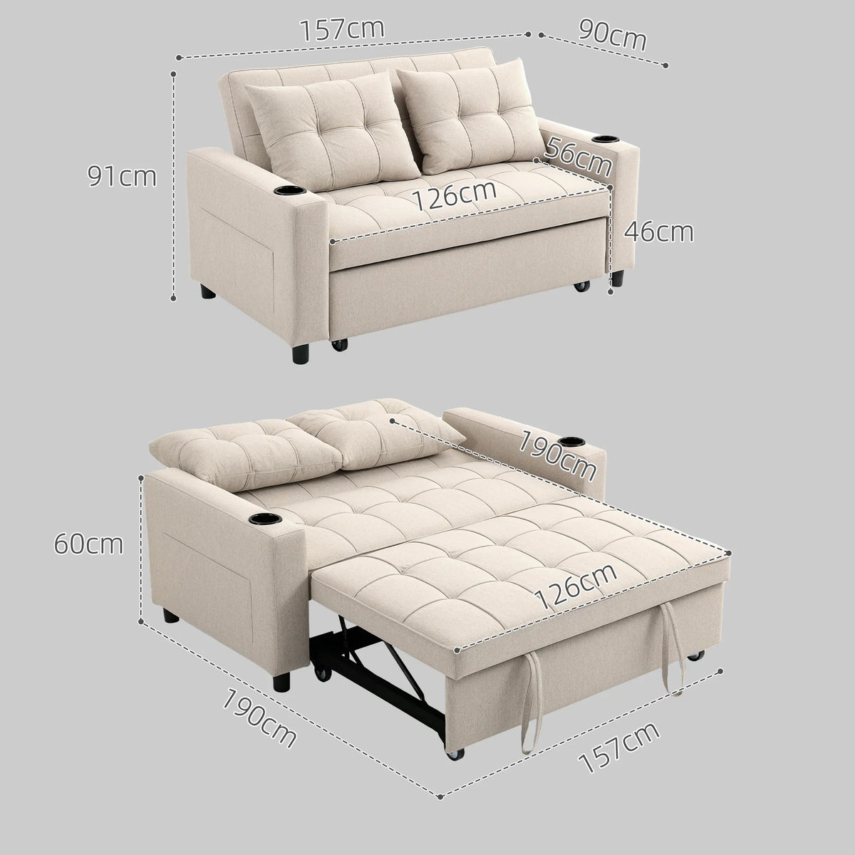 Beige two-seater pull-out sofa bed shown closed and opened as a mattress
