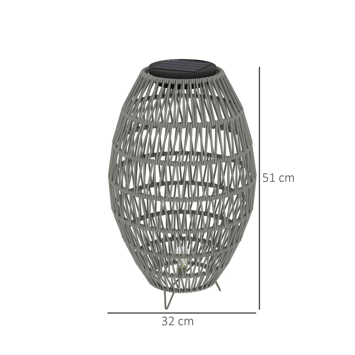 Grey rattan solar lantern with conical woven body and round top