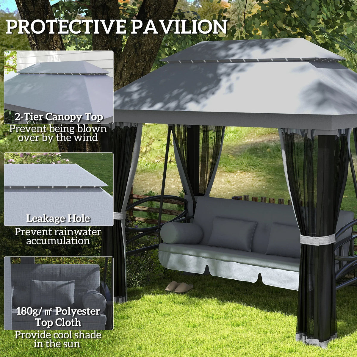 Grey gazebo swing chair with protective canopy roof, padded seat, and hanging curtains
