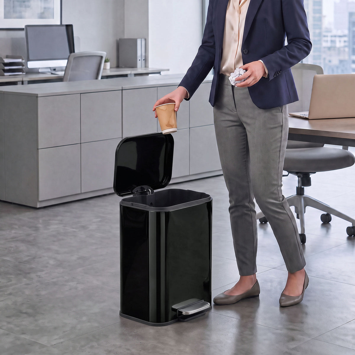 20L kitchen pedal bin with open lid and foot pedal, dark glossy finish