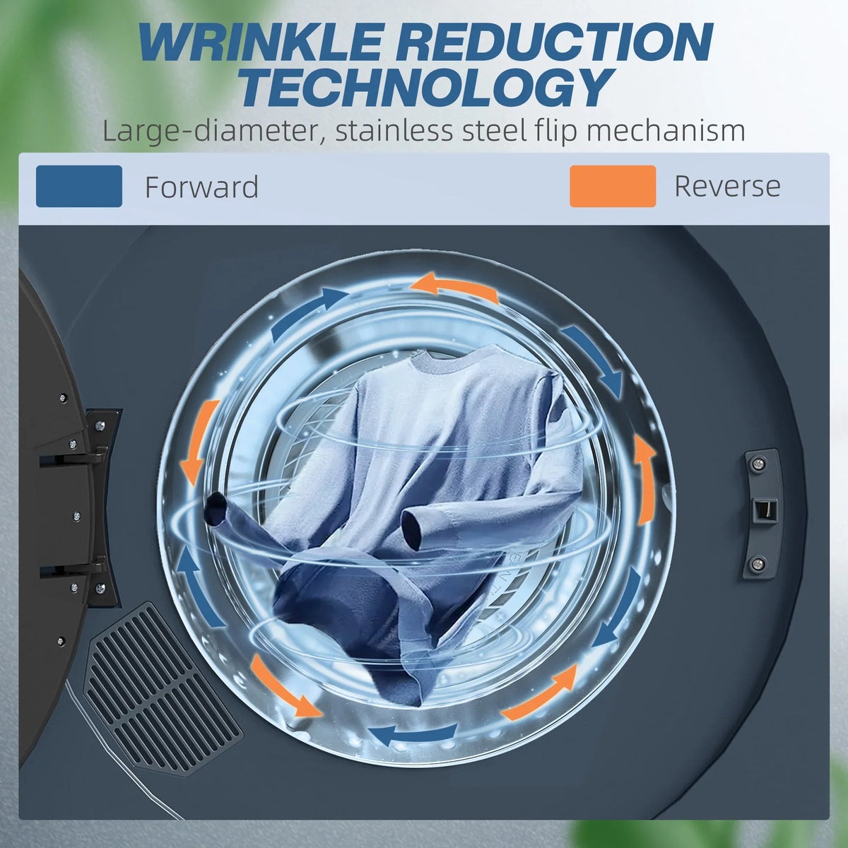 Blue compact tumble dryer interior view with drum motion arrows illustration