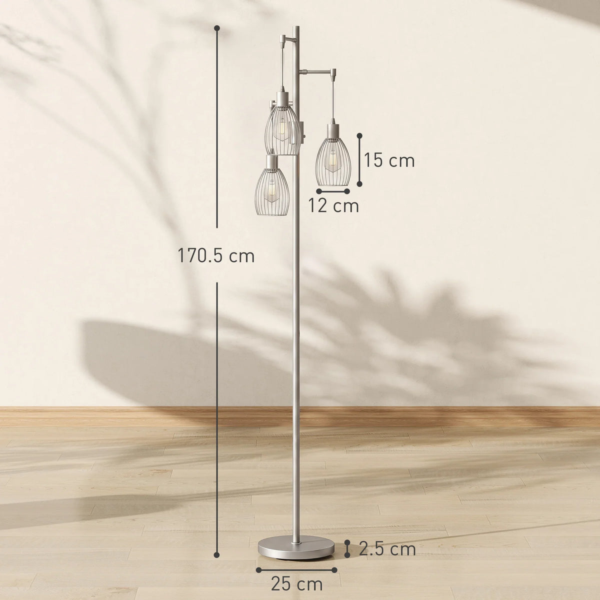 Industrial standing lamp with tall silver pole, three cage bulbs, round weighted base
