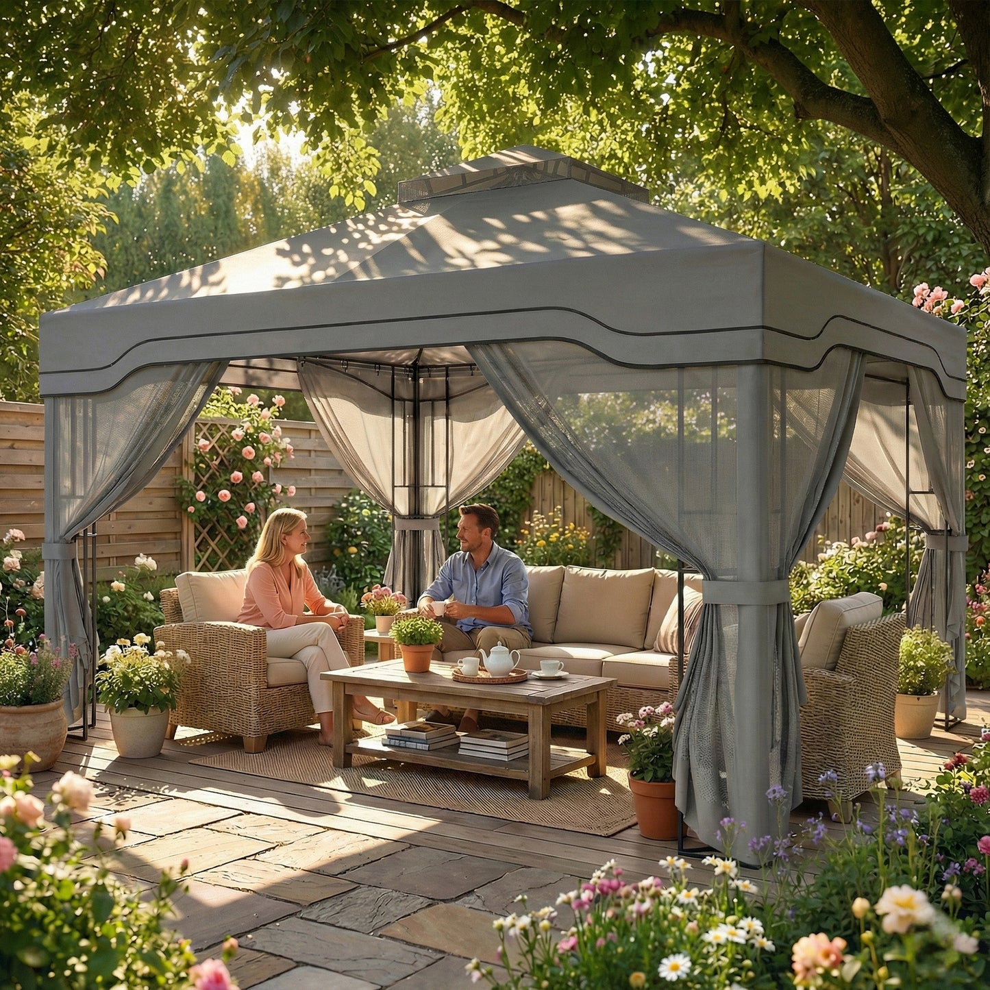 Outsunny 3 X 3.6 m Outdoor Garden Gazebo With Post Shelves UPF50 Plus Roof Mesh Panels Dark Grey