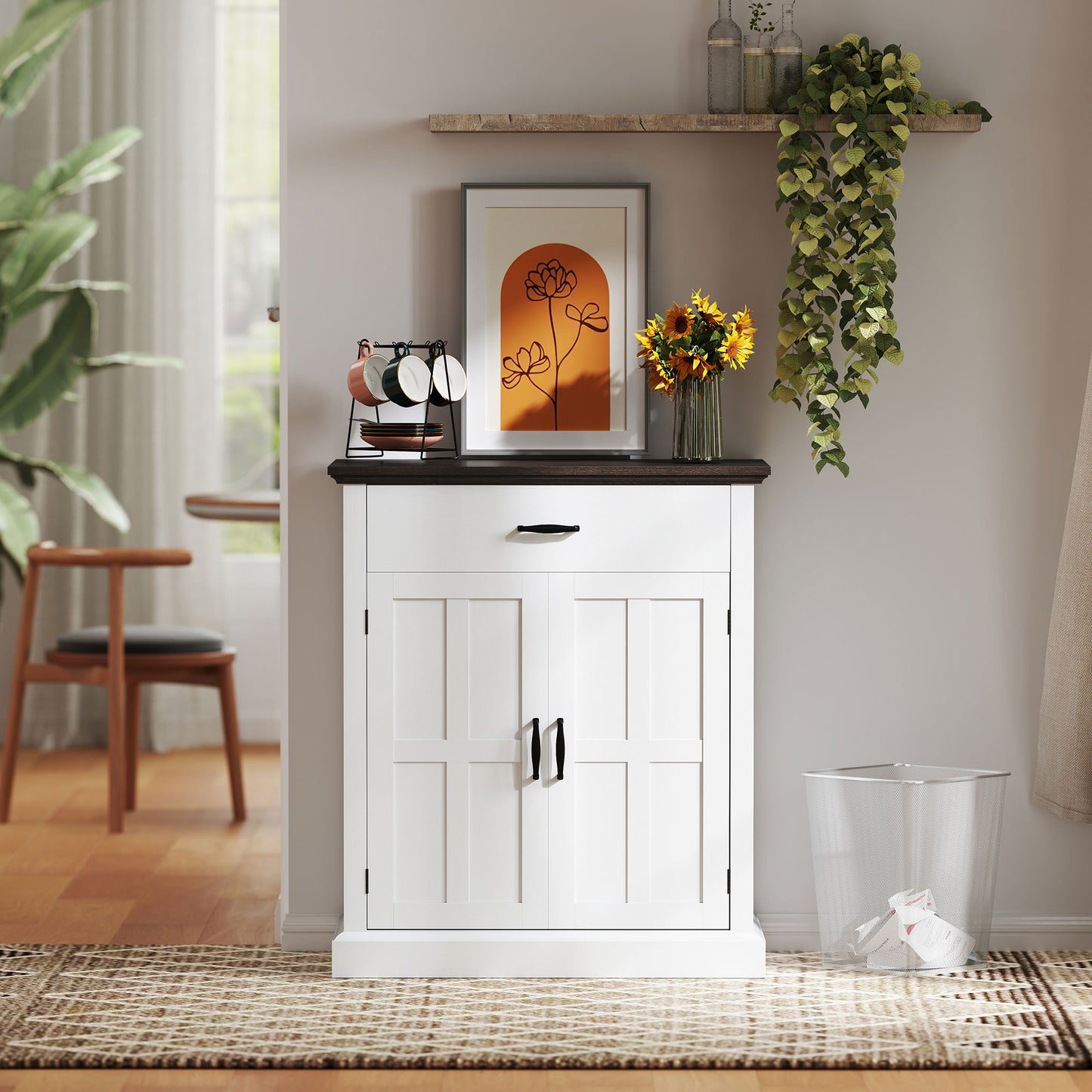 HOMCOM Farmhouse Sideboard With 3 Cm Thick Top And Two Barn Doors White Kitchen Storage Cabinet