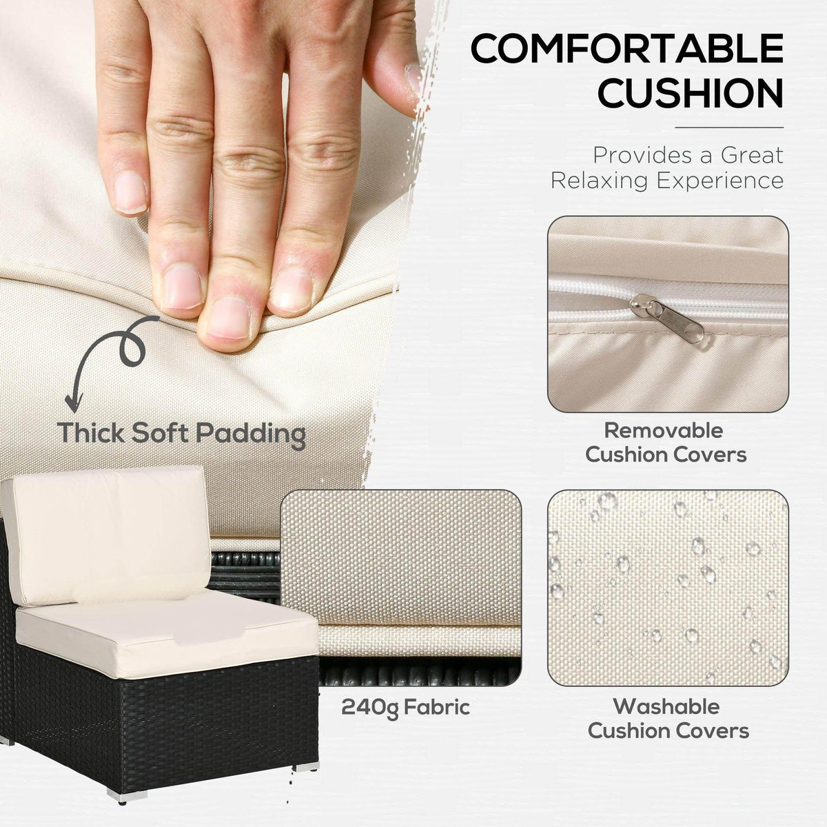 Cream sofa cushion with thick padding and removable washable cover shown