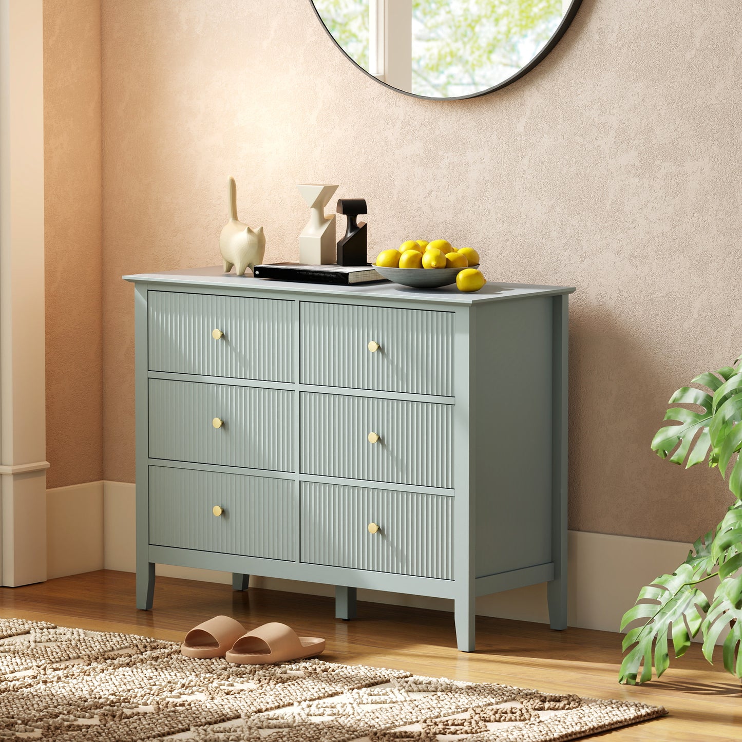 HOMCOM Fluted Dresser 6 Drawer Chest of Drawers for Bedroom Living Room Hallway Closet Green with Gold Tone Handles