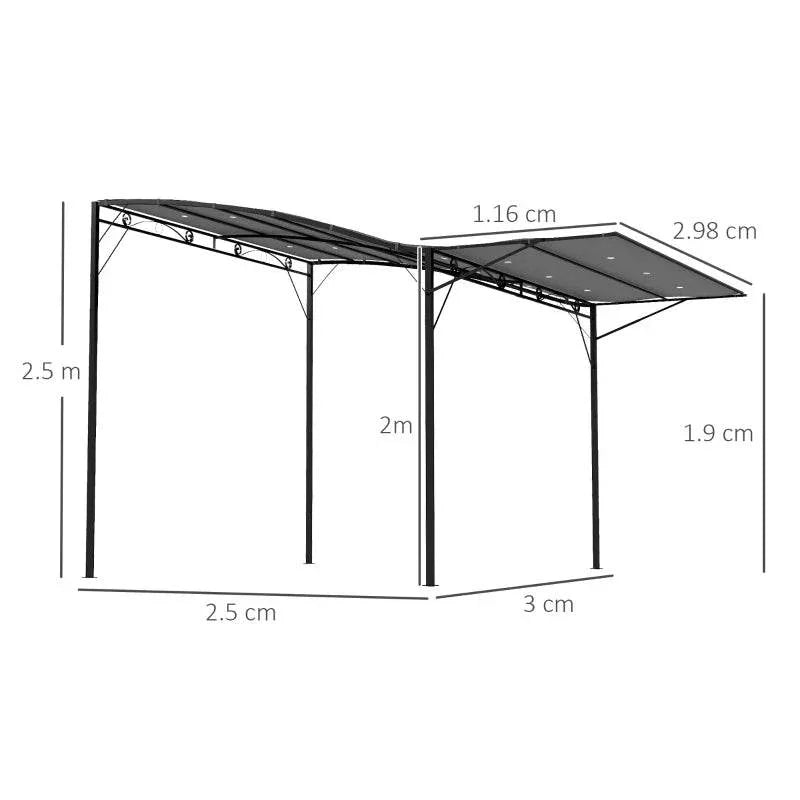 Metal gazebo canopy frame with side posts and roof panels, size diagram