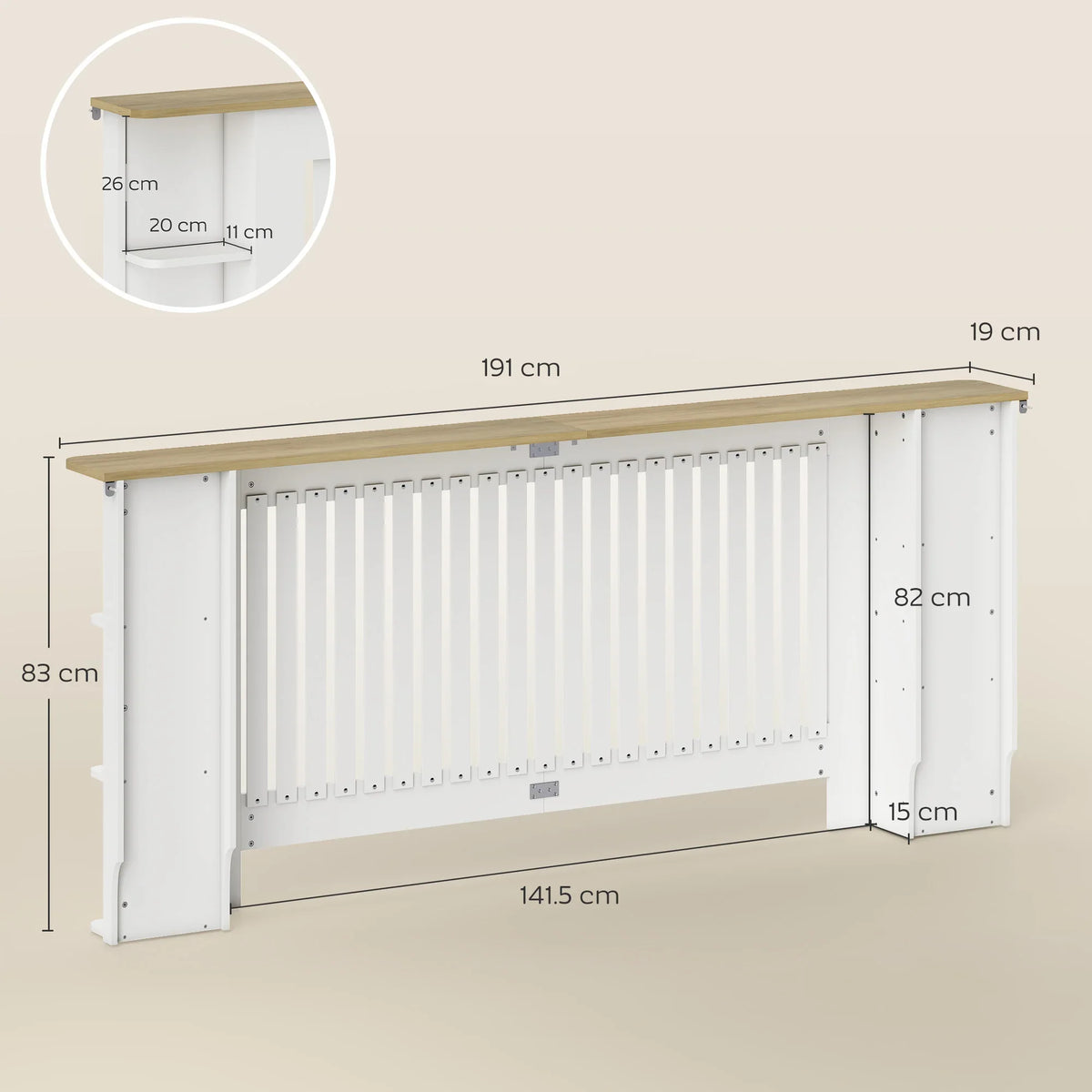 White extra-large radiator cover with slatted panel and side cabinets open shelves
