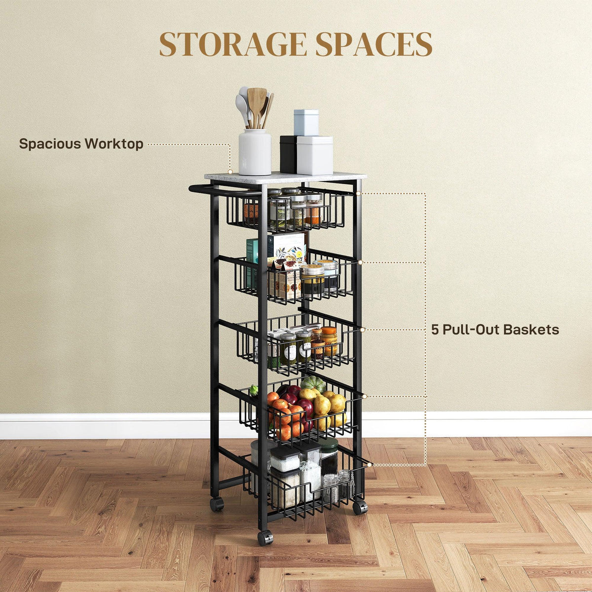 Mobile kitchen island with five pull-out baskets and gray countertop, black metal frame