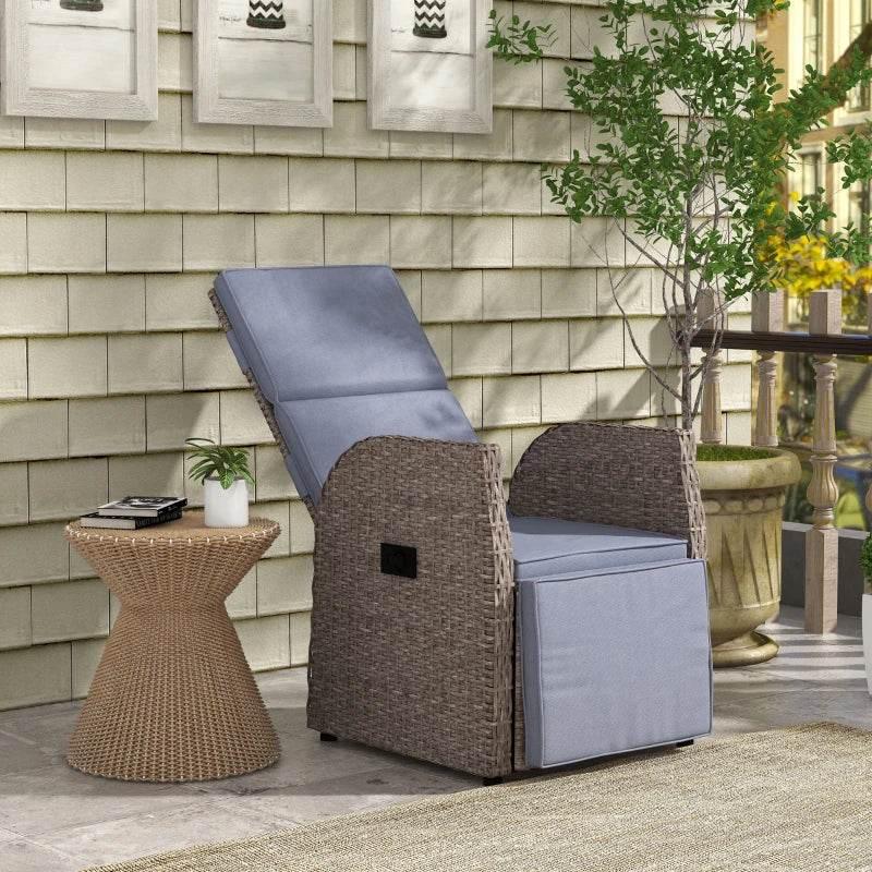 Brown PE rattan recliner chair with light-blue cushions and side tray table