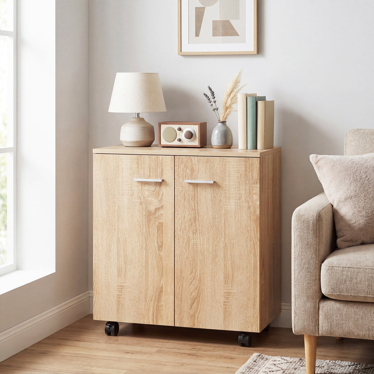 Wood-look mobile sideboard cabinet with 2 doors and casters in front view