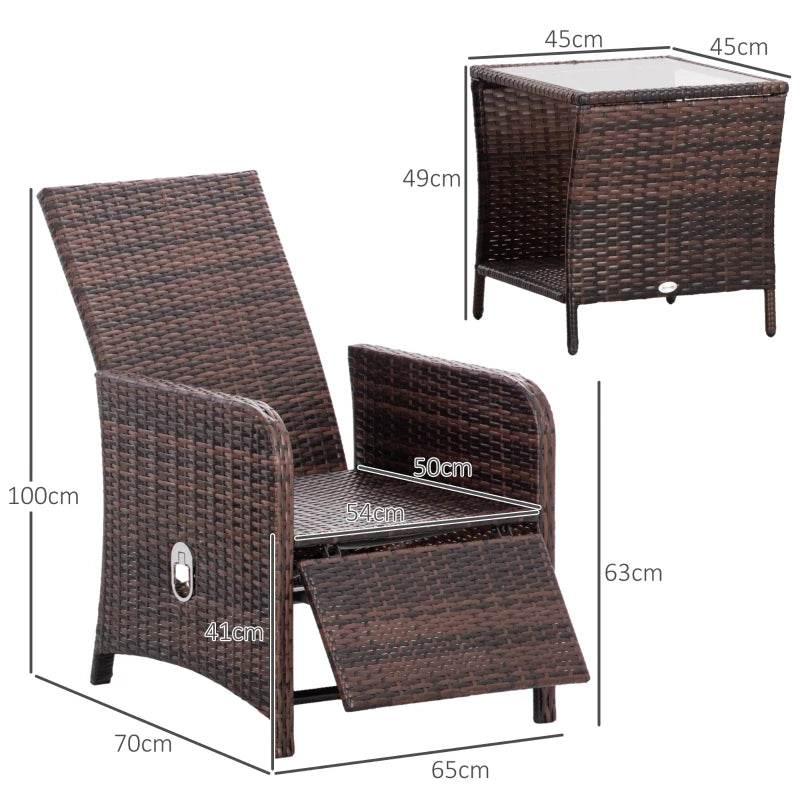Mixed-brown rattan lounge chair with adjustable backrest and white cushion, measured view