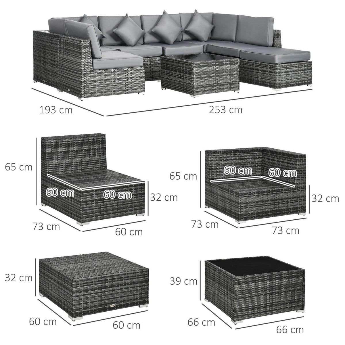 Grey rattan patio sofa set layout diagram with sectional pieces and ottoman