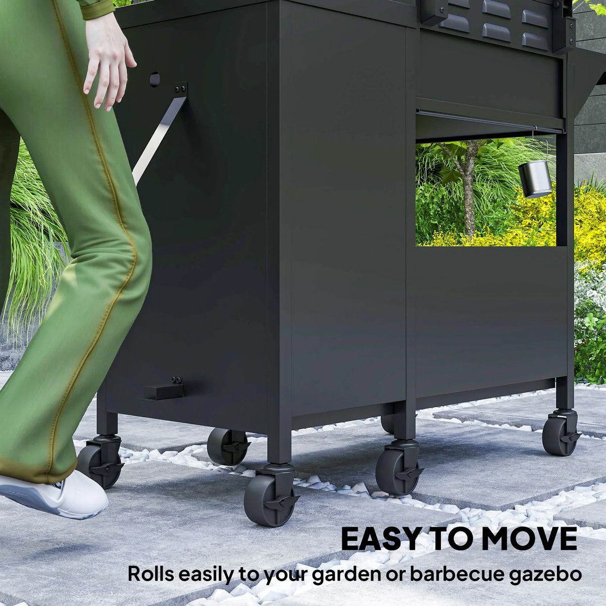 Black BBQ grill base with storage cabinet and shelves on caster wheels