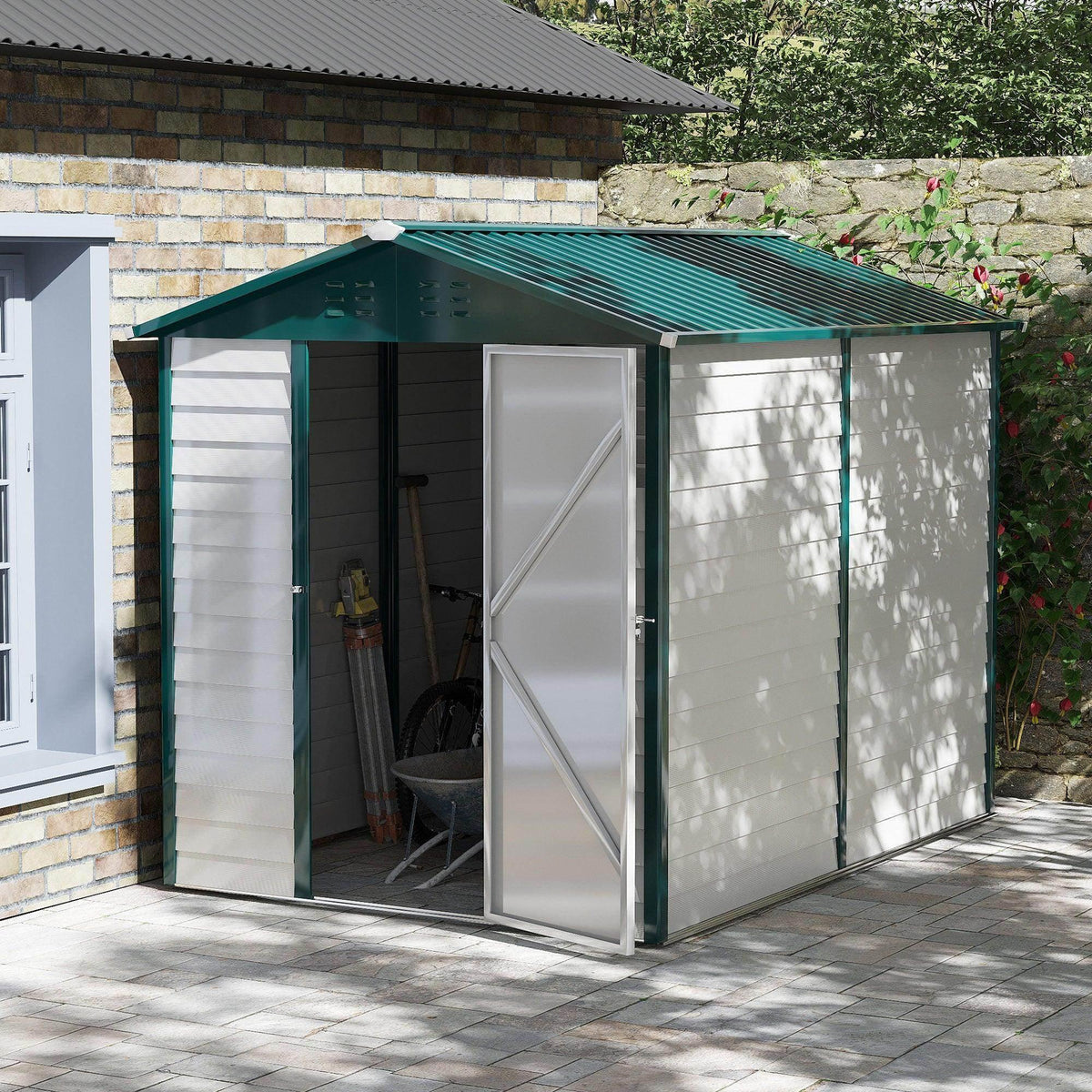 Green metal garden shed with sloped roof and lockable double doors, open front entry