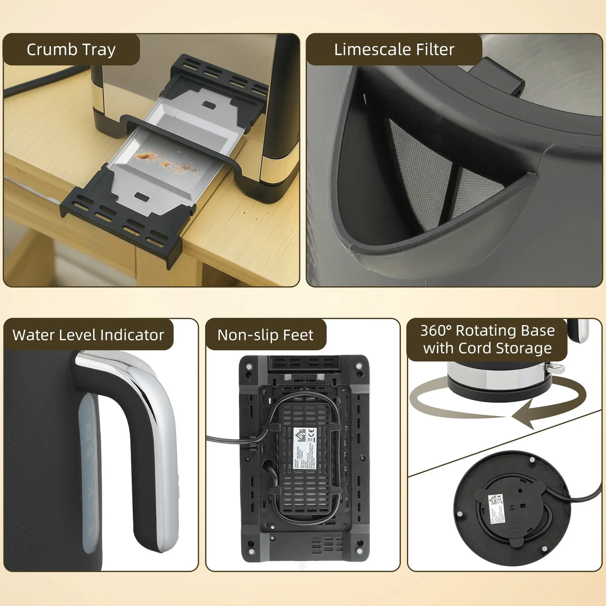 Toaster feature views: crumb tray, non-slip feet, and 360° rotating base
