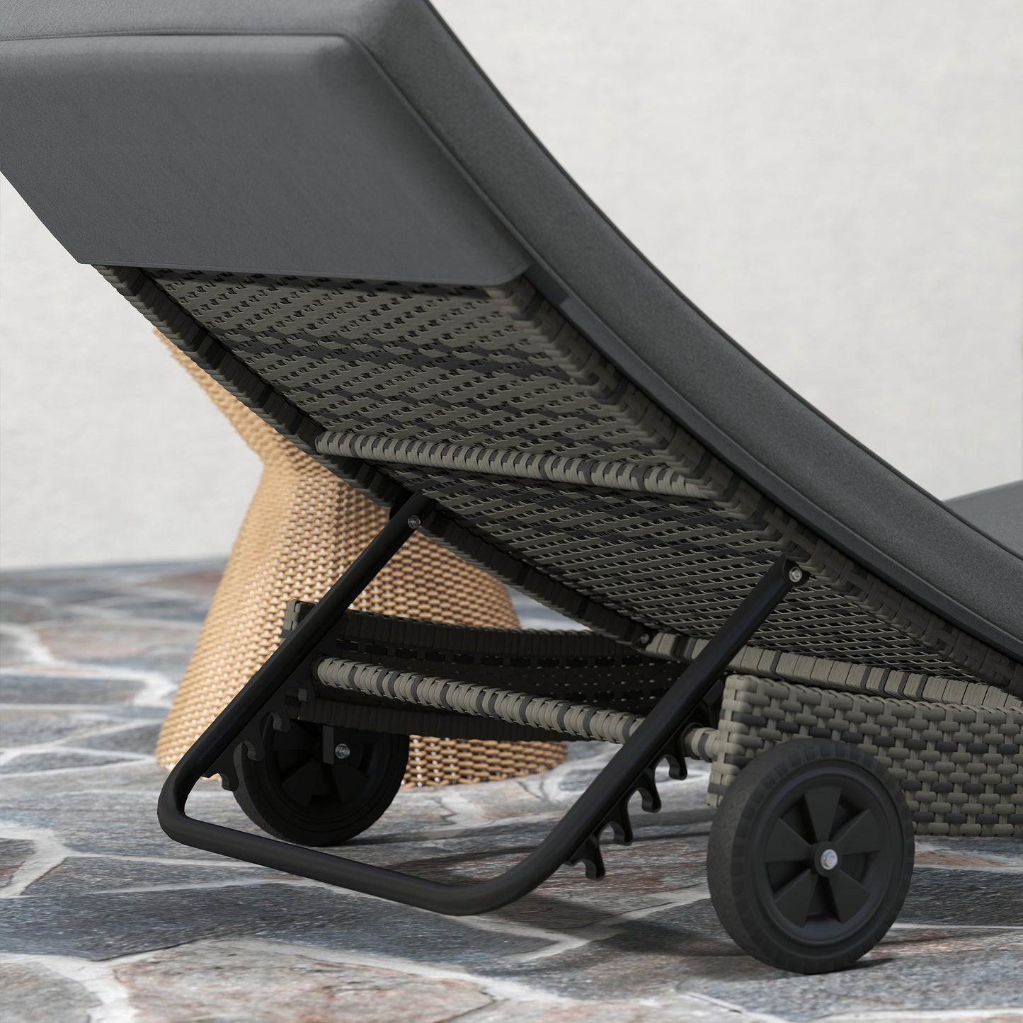 Outsunny Patio Wicker Chaise Lounge Chair Outdoor PE Rattan Sun Lounger With Adjustable Backrest And Wheels Dark Grey