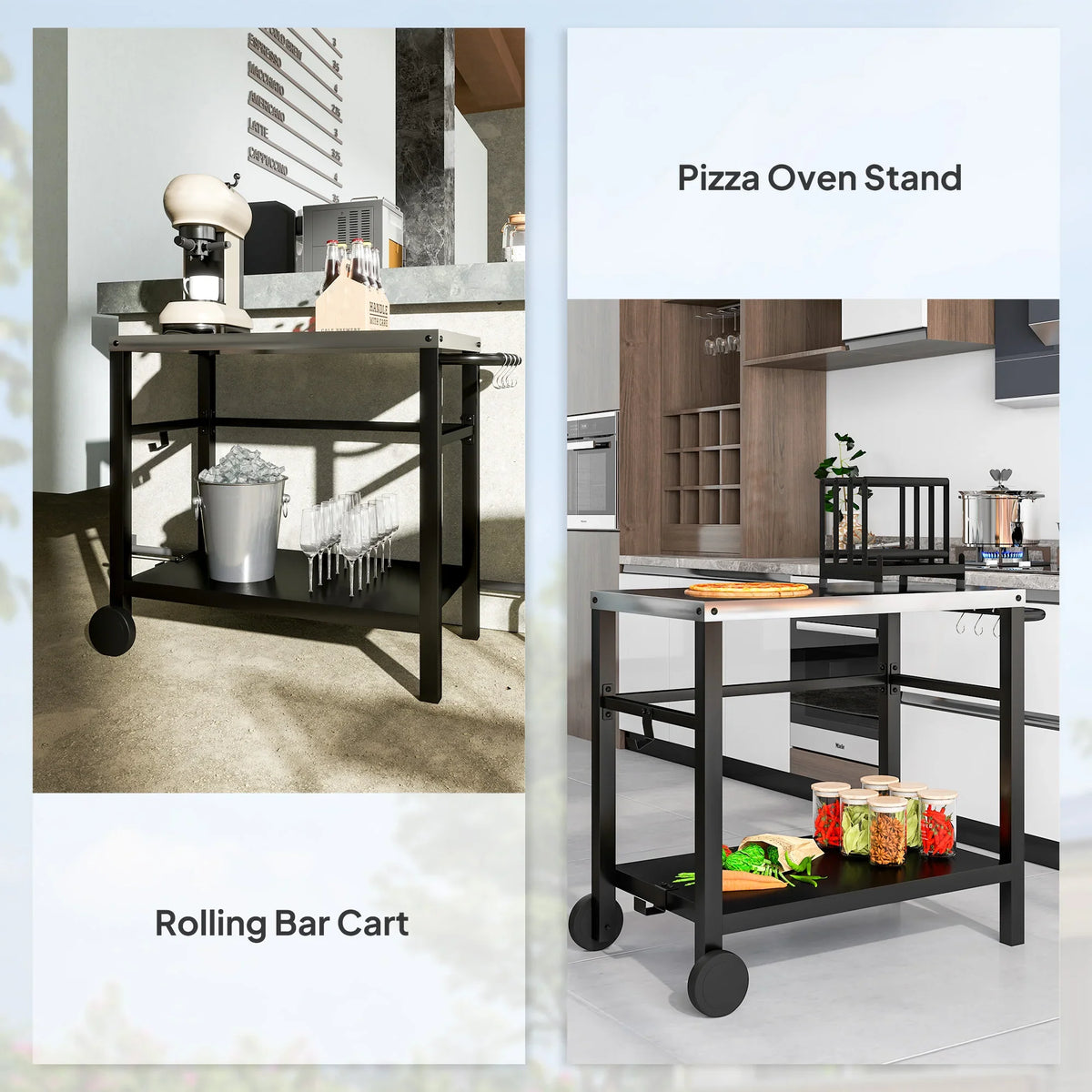 Rolling outdoor grill cart with stainless top and two shelves, supported by wheels.