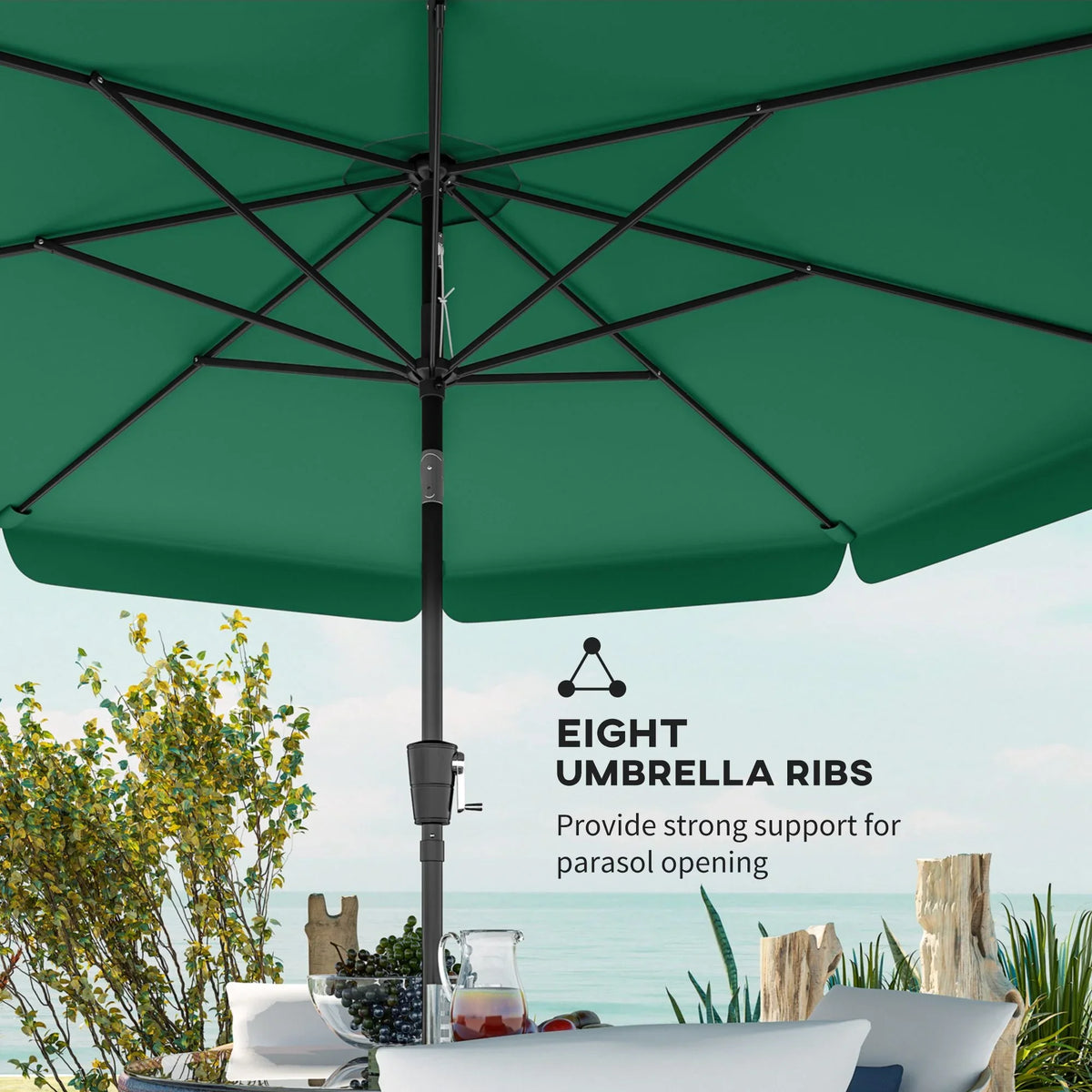 Green patio parasol underside with reinforced umbrella ribs and central pole