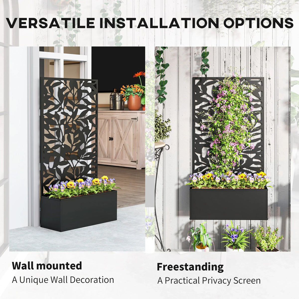 Black metal raised planter with cutout trellis privacy panel shown wall-mounted and freestanding