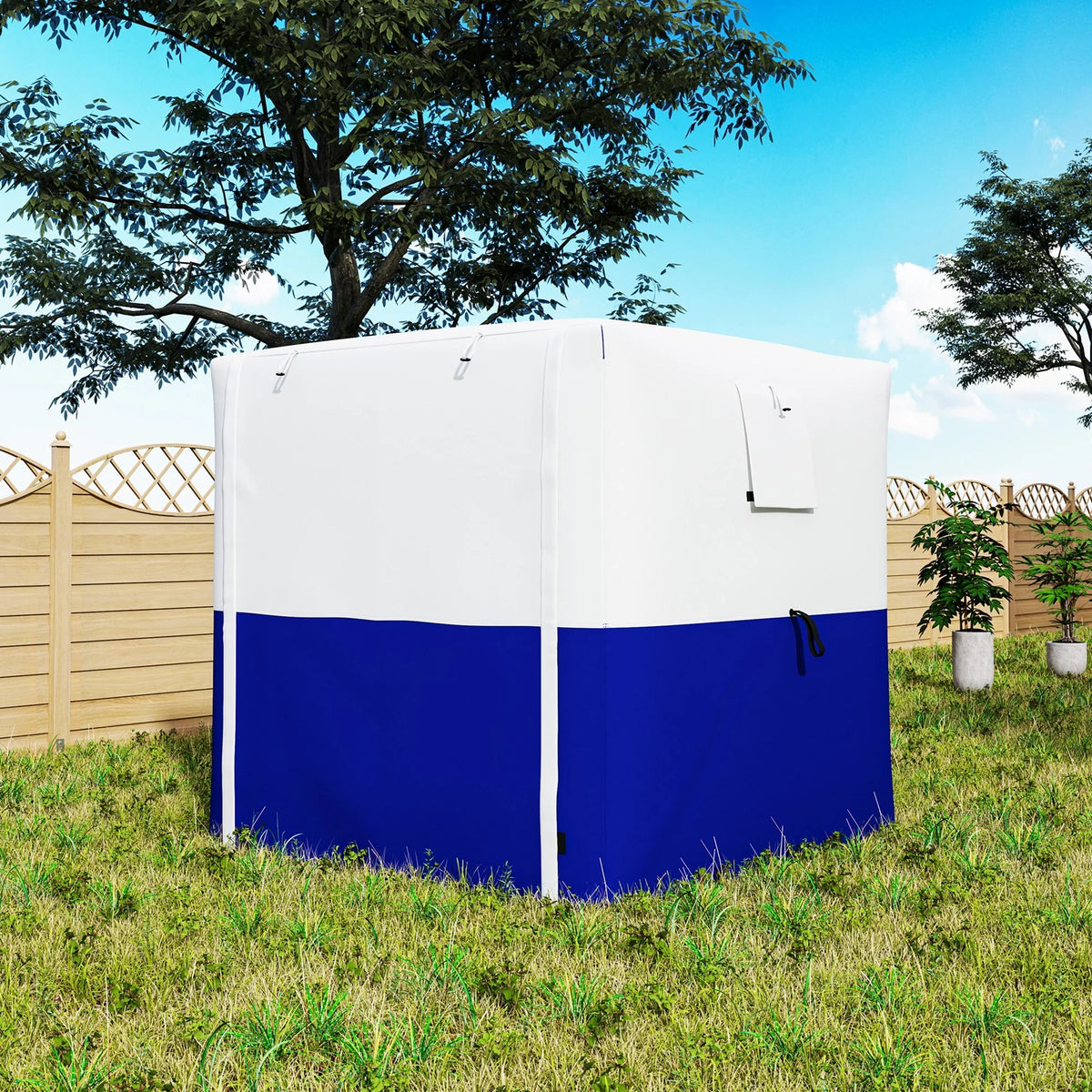 Pop-up gazebo with white fabric panels and dark blue lower section, closed side view