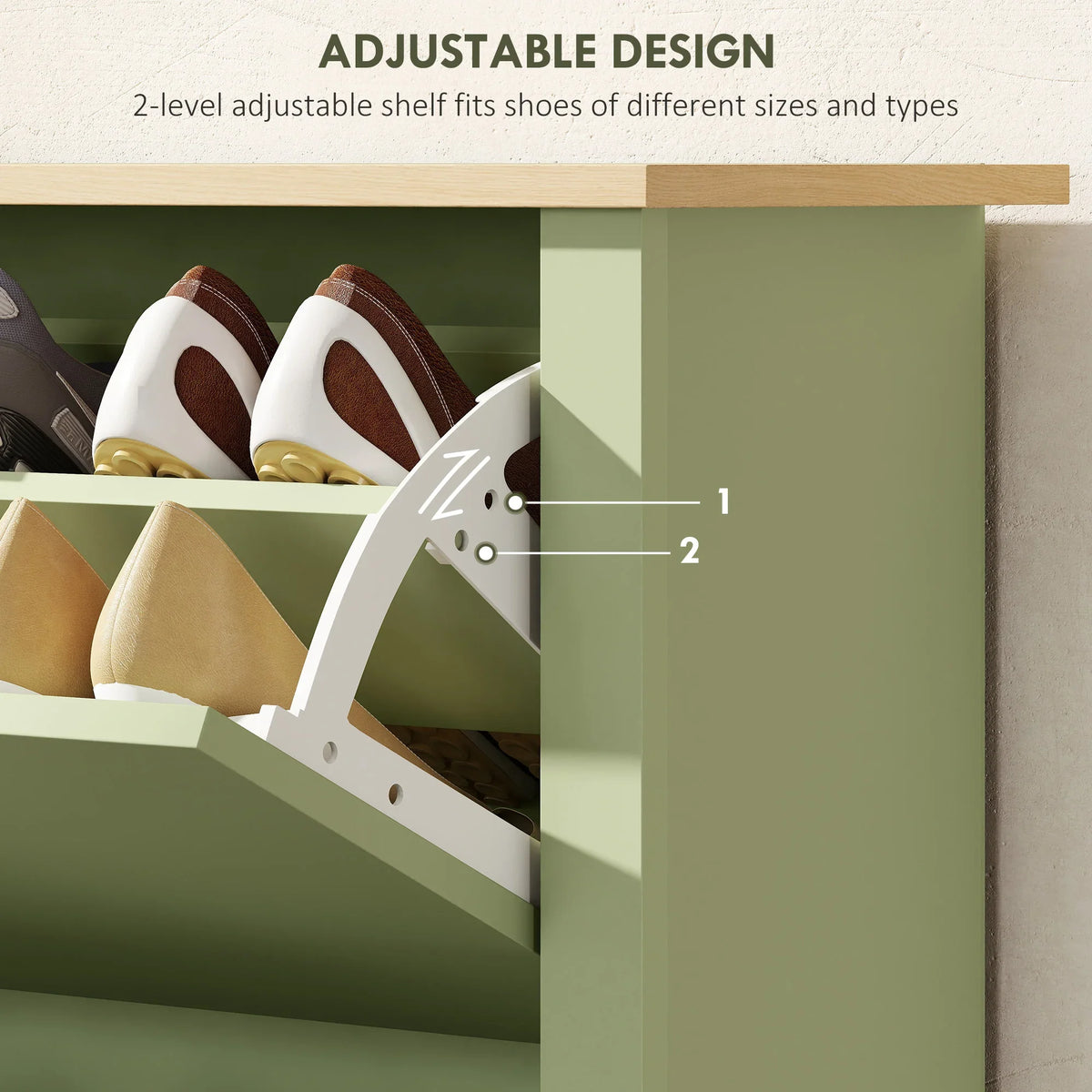 Green shoe cabinet with 2-level adjustable shelf positions and flip drawer panel