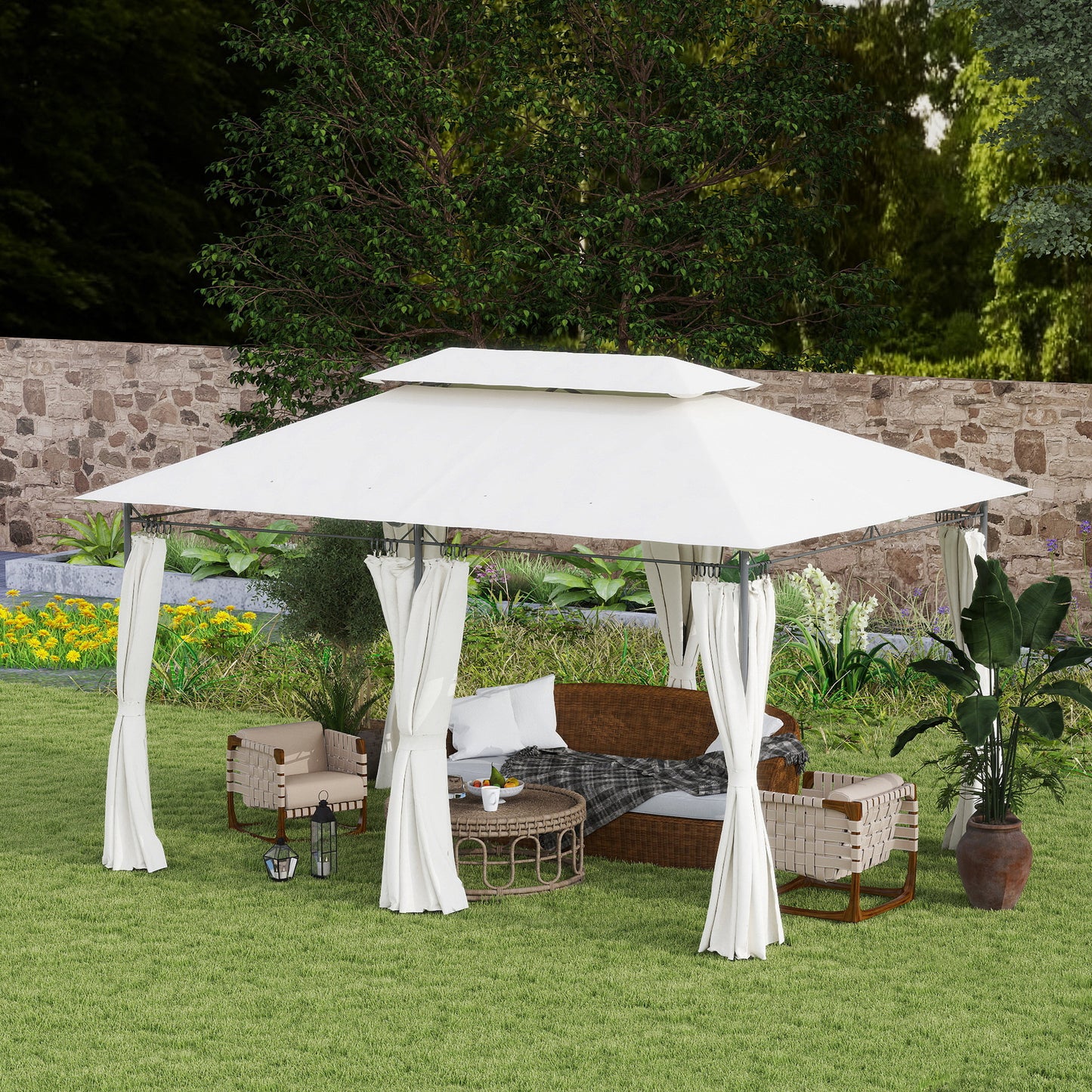 Outsunny 3x4m Metal Frame Gazebo With Two Tier Roof Cream White Garden Canopy For Outdoor Parties