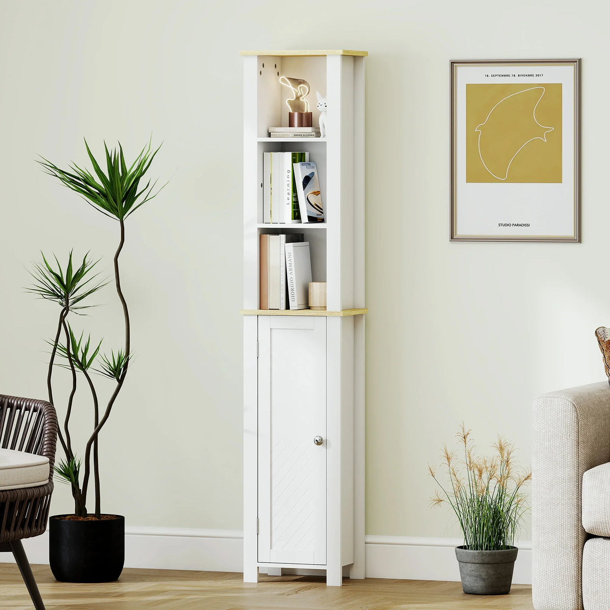 White slim bathroom cabinet with three open shelves and single-door storage at the bottom