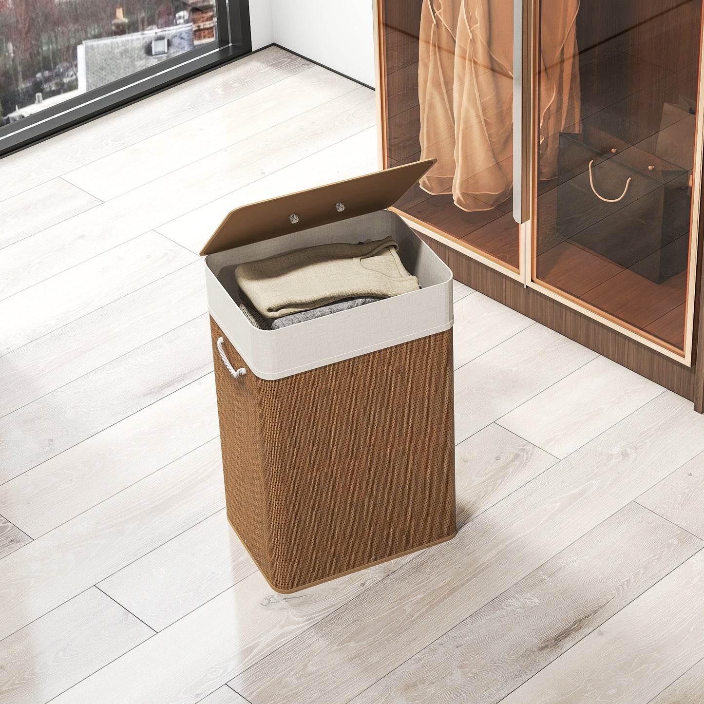 HOMCOM Bamboo Laundry Basket With Lid 72L Hamper With Rope Handles And Removable Liner Bag Brown