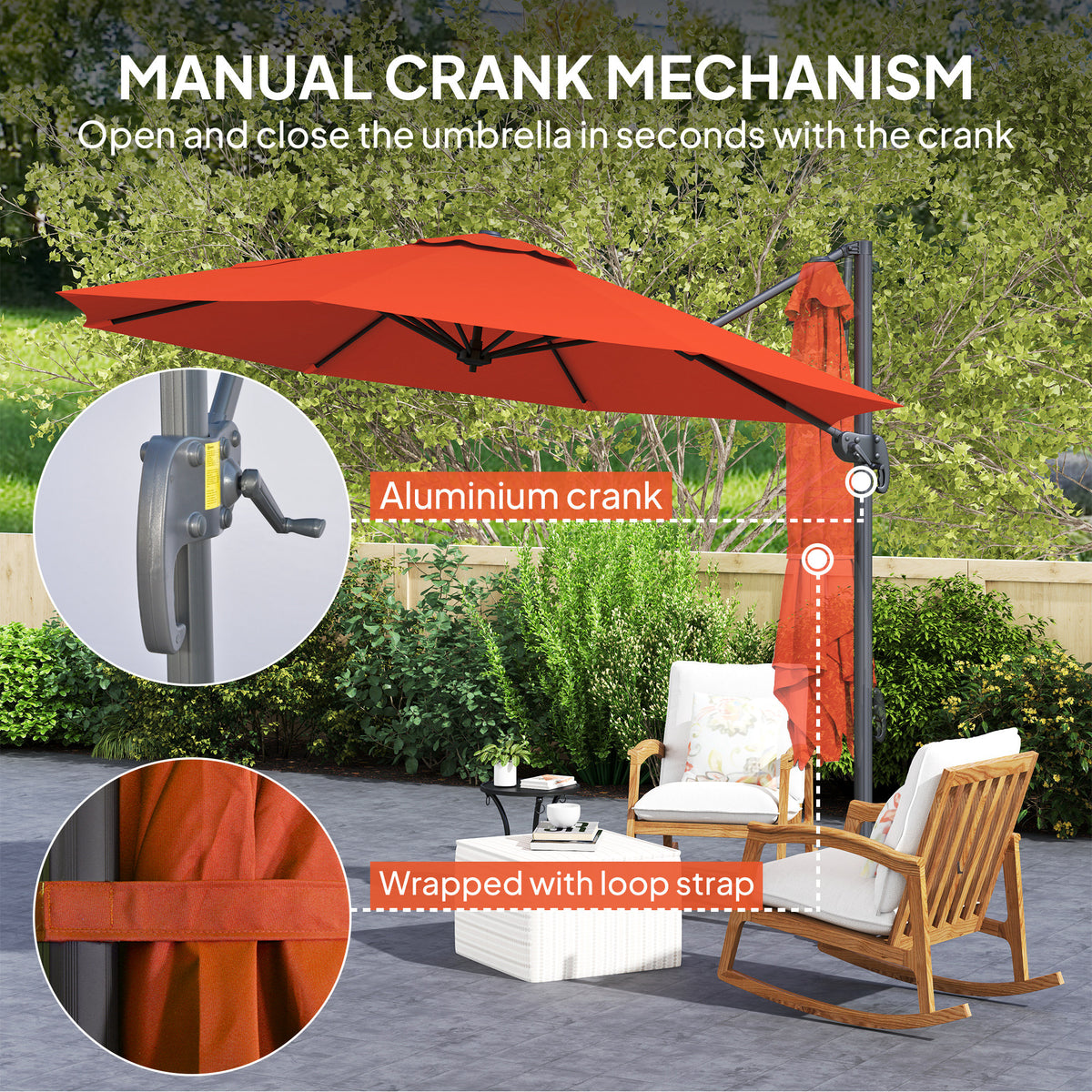 Orange cantilever parasol with manual crank mechanism and secured canopy straps