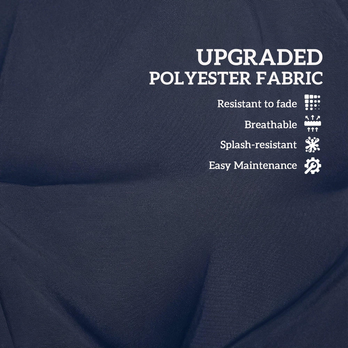 Dark blue polyester cushion fabric texture with visible stitching