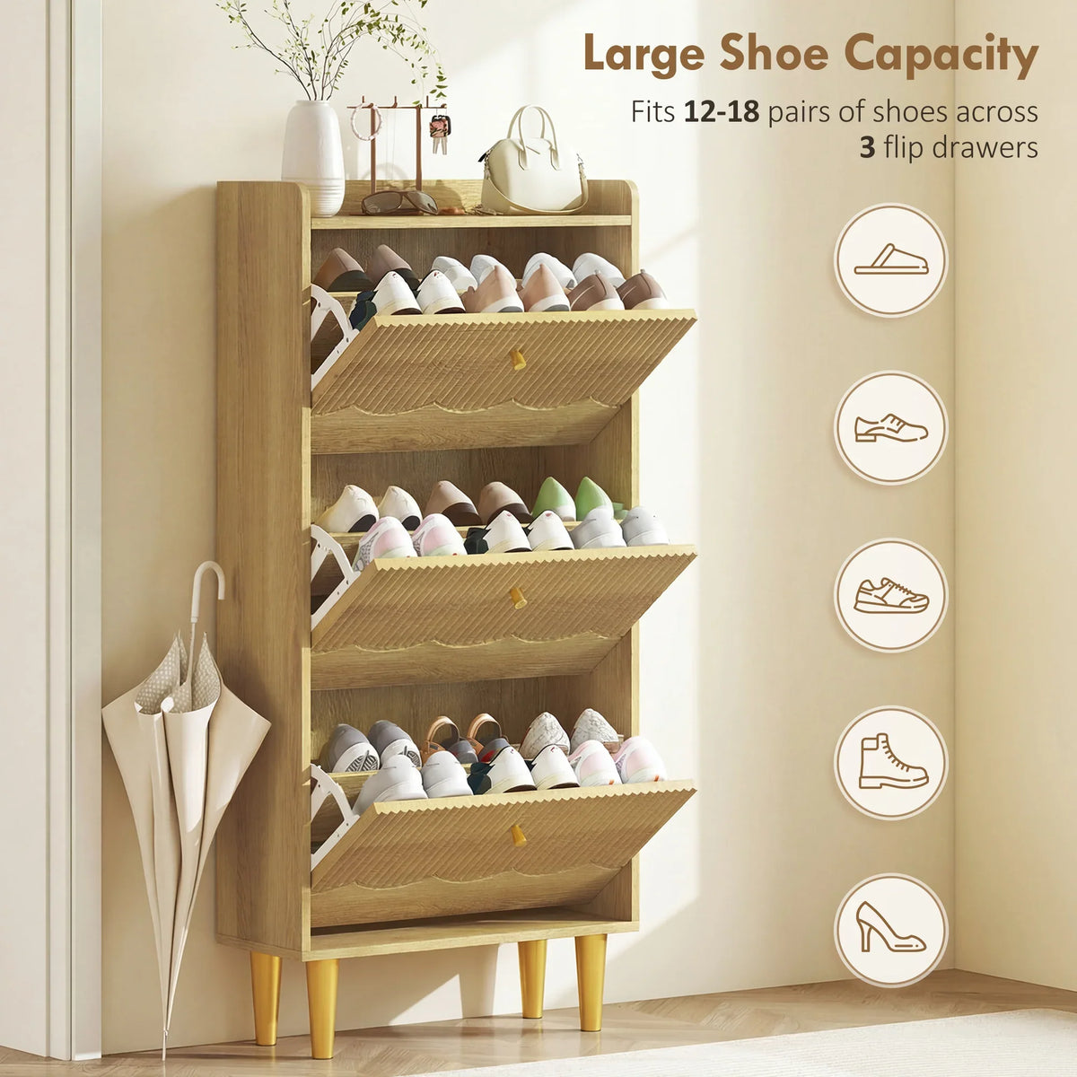 Oak shoe cabinet with three flip drawers for storing shoes, slim 24 cm depth