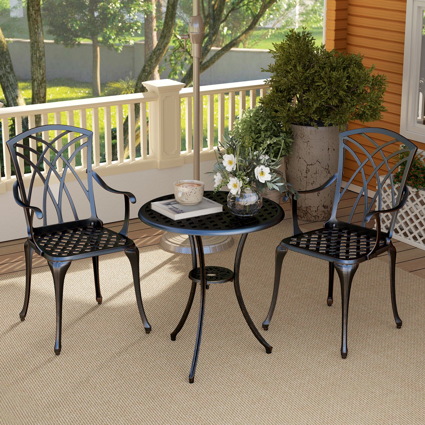 Outsunny 3 Piece Garden Dining Set For 2 Cast Aluminum Round Table With Parasol Hole And 2 Armchairs
