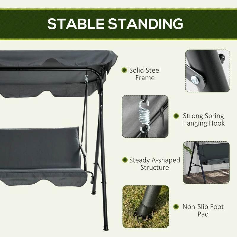 Grey swing chair with adjustable canopy and black metal frame with angled support legs