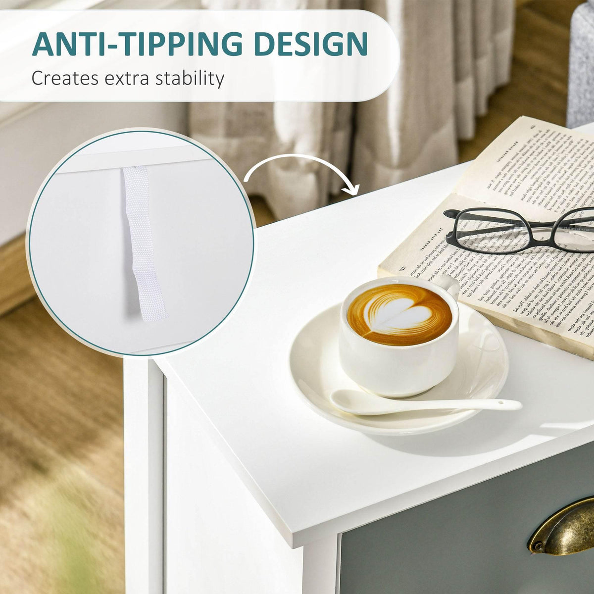 White nightstand with blue drawer front and brass half-moon handle