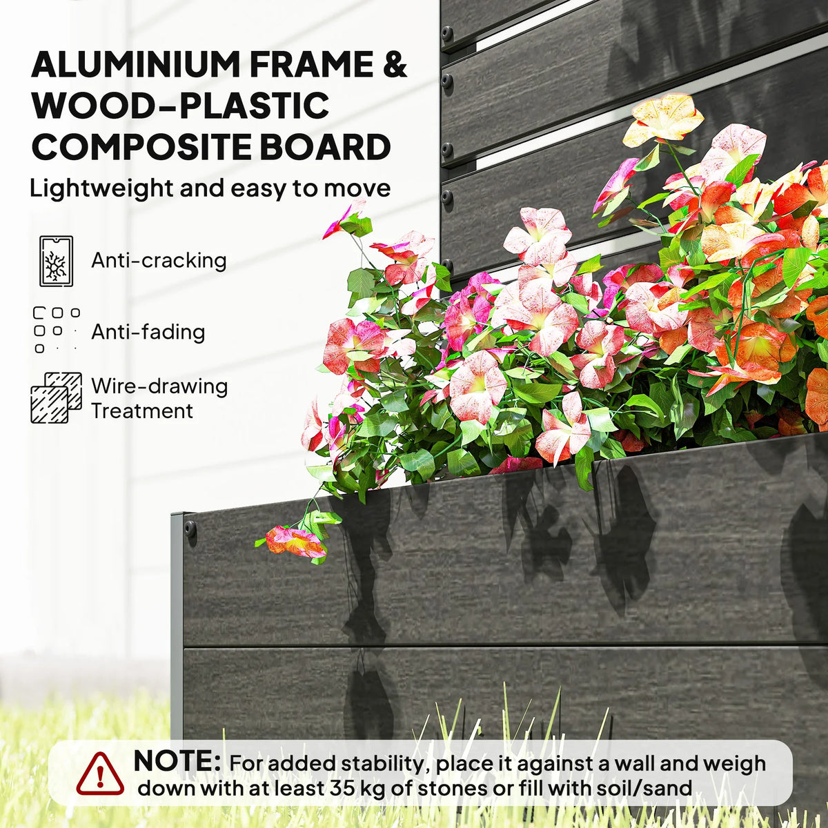 Raised trellis planter with black exterior, composite board and aluminum frame details.