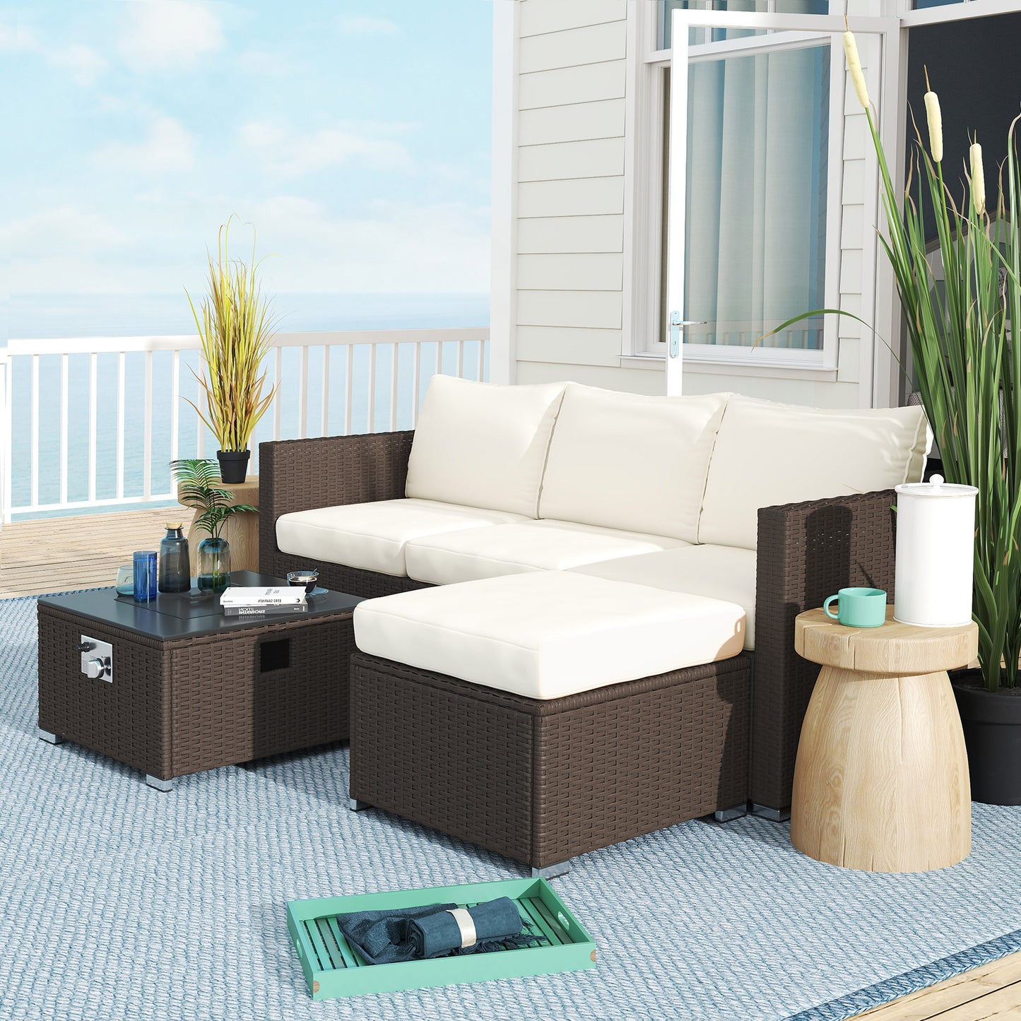 Outsunny Five Piece Rattan Garden Furniture Set With Gas Fire Pit Table And Footstool Brown And Cream White