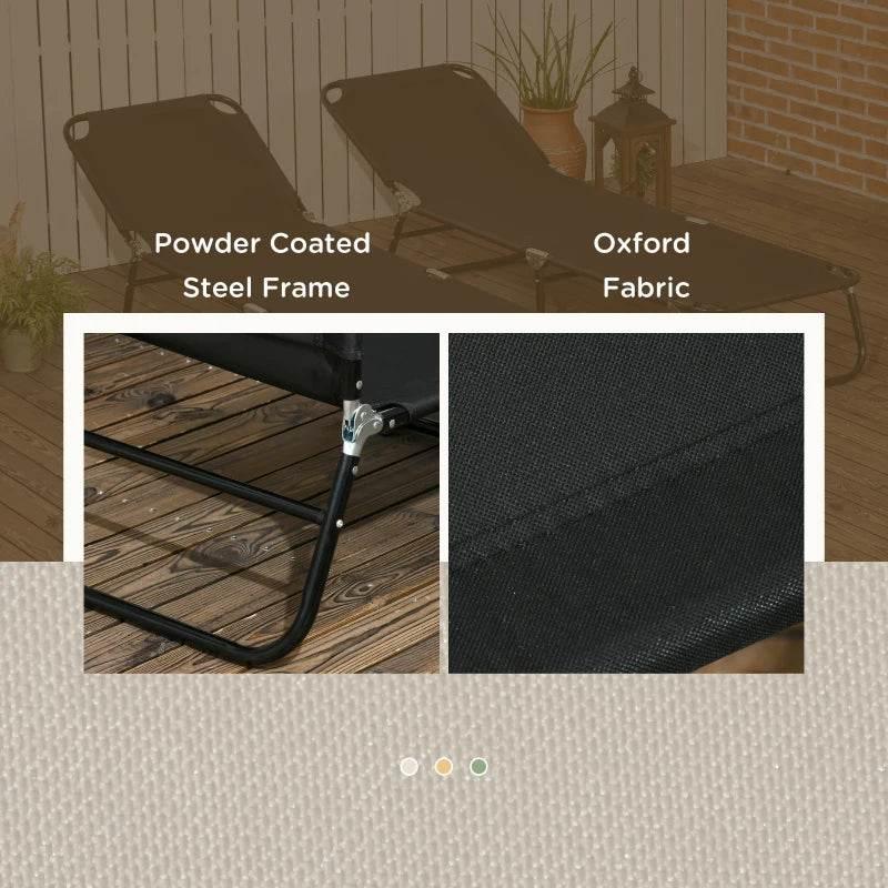 Black fabric and powder-coated steel frame detail for folding sun loungers