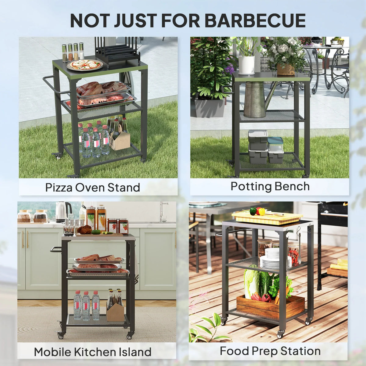 Outdoor grill cart with three shelves and hooks, shown in multiple outdoor cooking setups