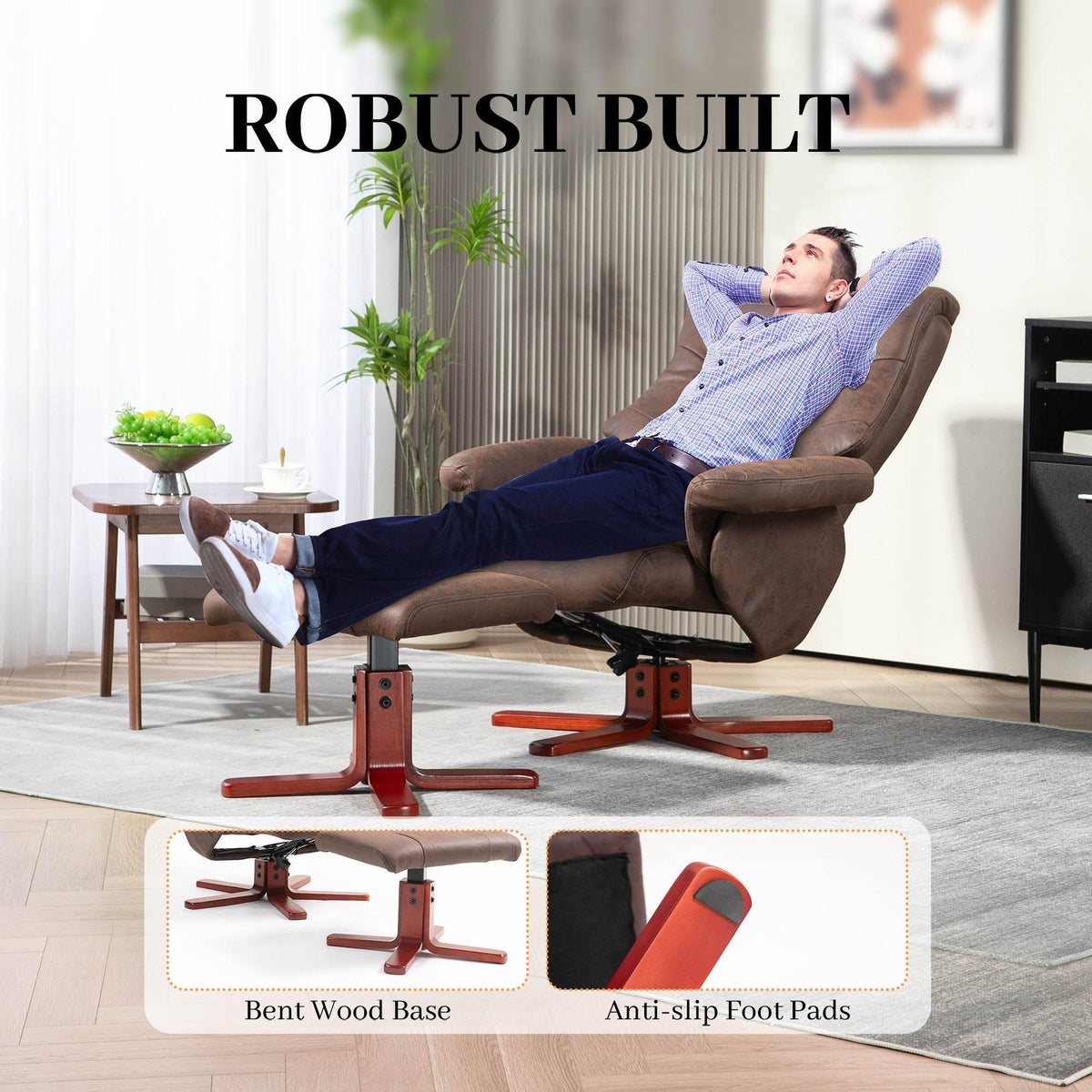Dark brown faux leather recliner chair with bent wood base and anti-slip foot pads