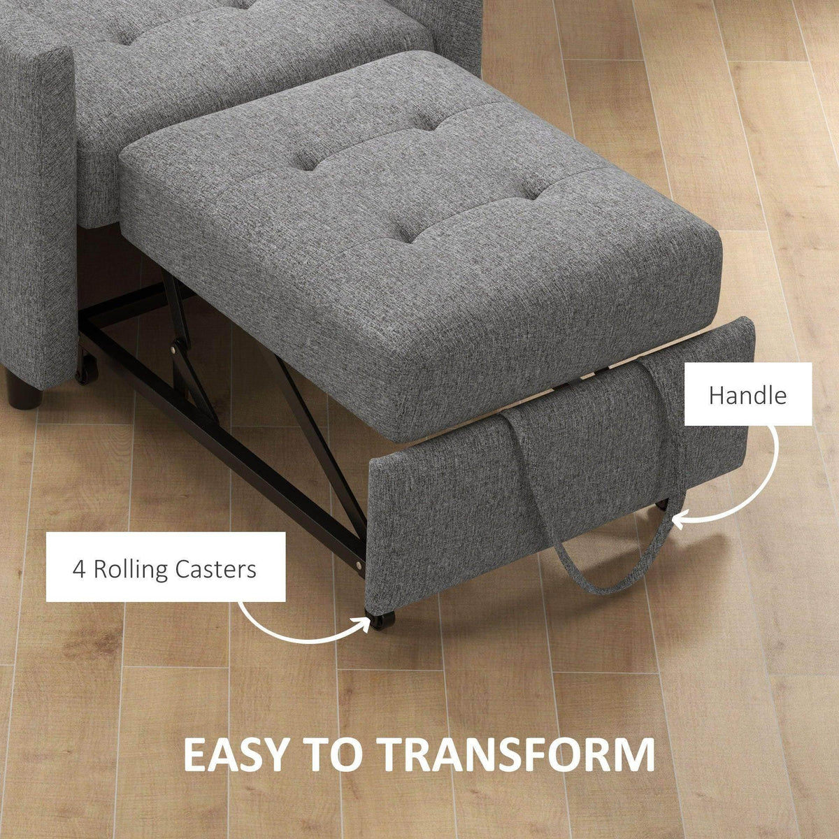 Grey sofa bed with tufted ottoman extension, handle, and rolling casters