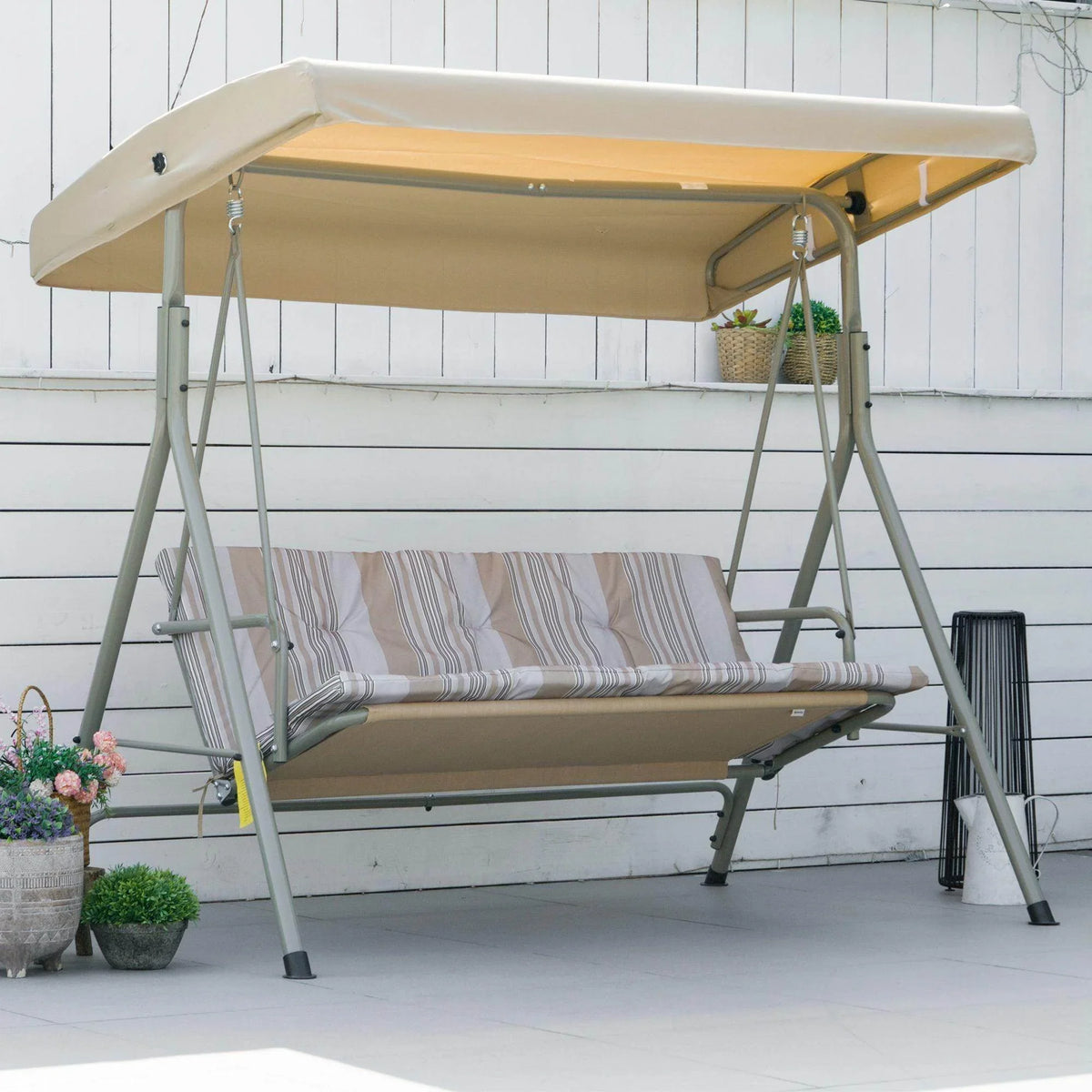 Light gray canopy swing hammock bed with cushioned bench and hanging straps