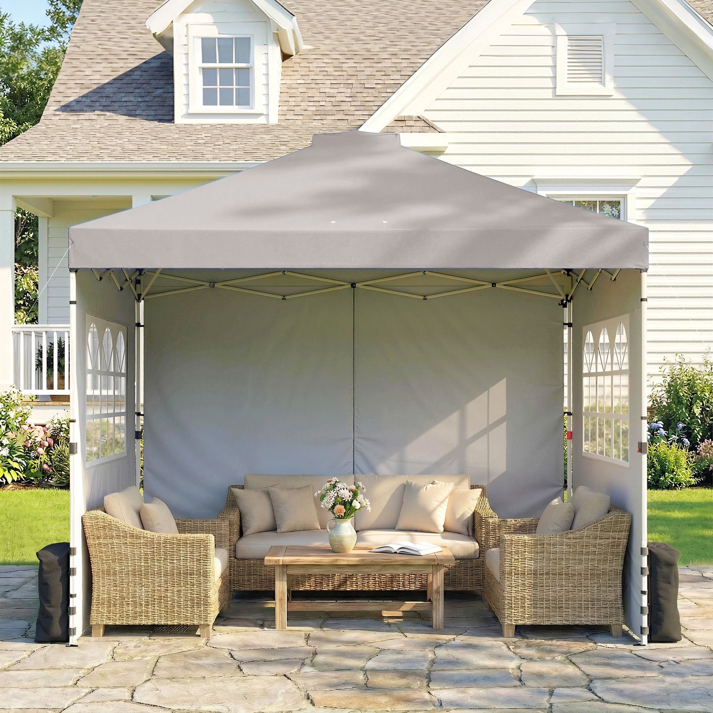 Outsunny Pop Up Gazebo 3x3m Waterproof UV50 Plus Canopy With Adjustable Height And 3 Sidewalls In Grey And Wheeled Bag