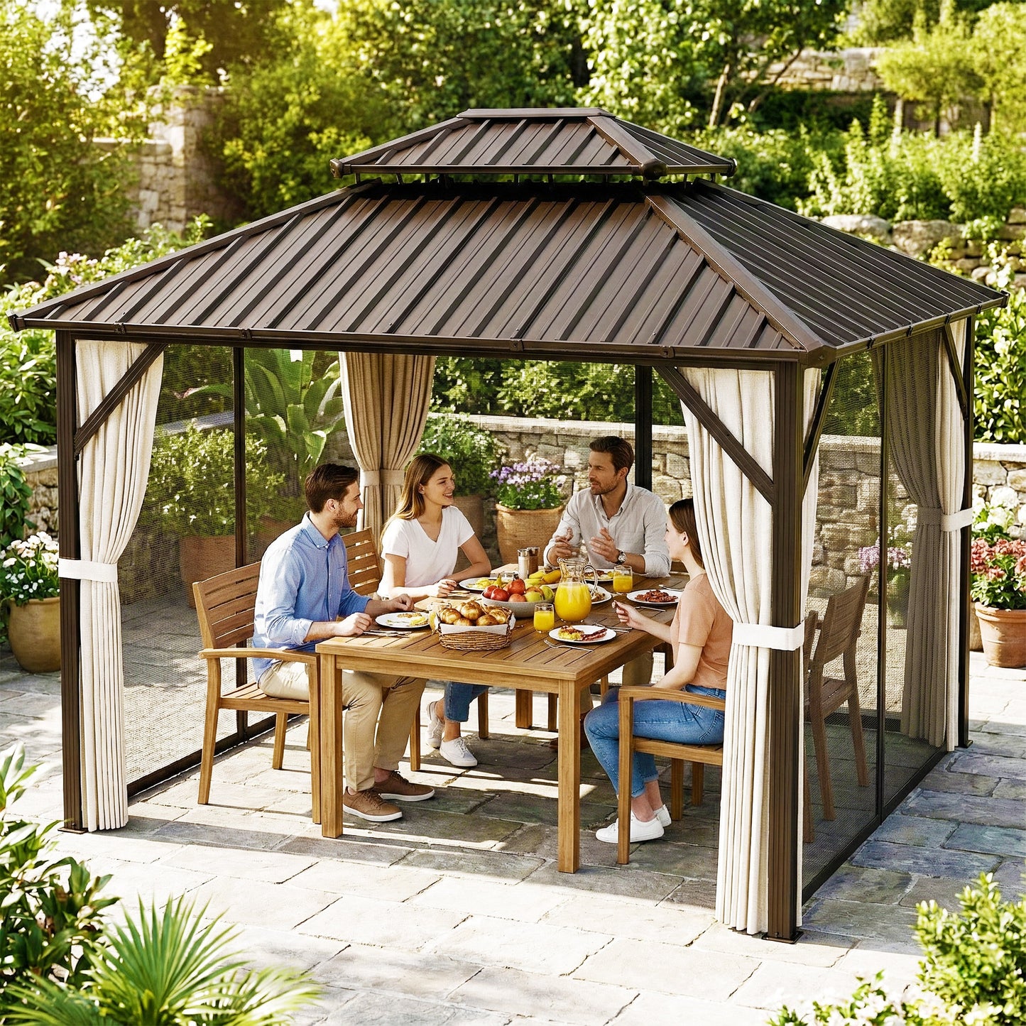 Outsunny 3x3.6 m Permanent Hardtop Gazebo With UPF50 Plus Double Galvanised Steel Roof Aluminium Frame Brown