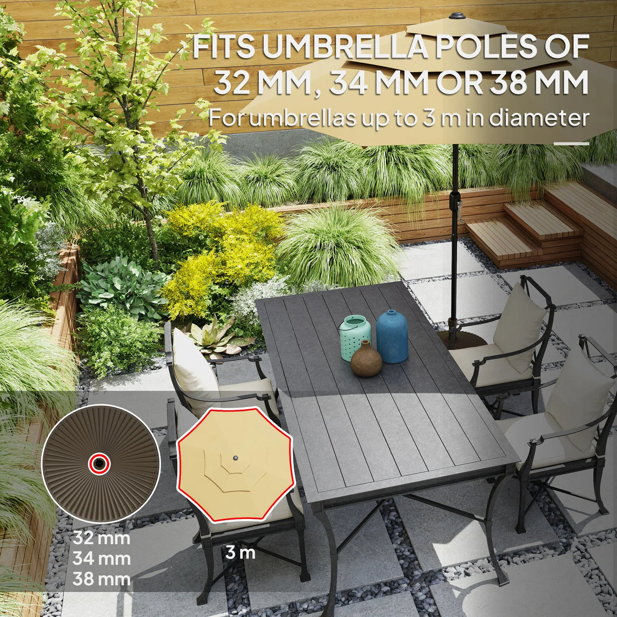 Brown umbrella stand base weight with circular top and central pole opening.